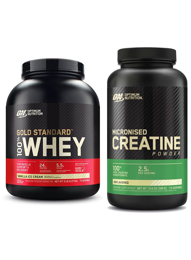 Optimum Nutrition عرض حزمة حصرية - على آيس كريم فانيليا Wgs Gf 100% 5Lb ومسحوق الكرياتين المجهرية بدون نكهة 300 جرام 115 حصة - Image 1